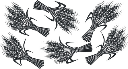 A collection of stylized wheat bundles in black and white vector style, ideal for agricultural branding and food packaging