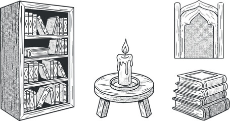 A collection of books, a candle, and a bookshelf in vintage black and white line art style, ideal for home decor and literature themes