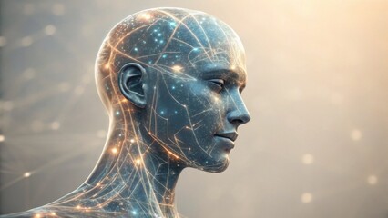 A futuristic humanoid figure with a network of glowing lines and dots, symbolizing artificial intelligence and technology.