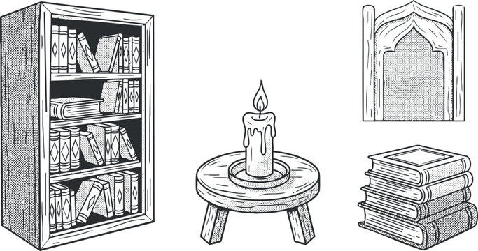 A collection of books, a candle, and a bookshelf in vintage black and white line art style, ideal for home decor and literature themes