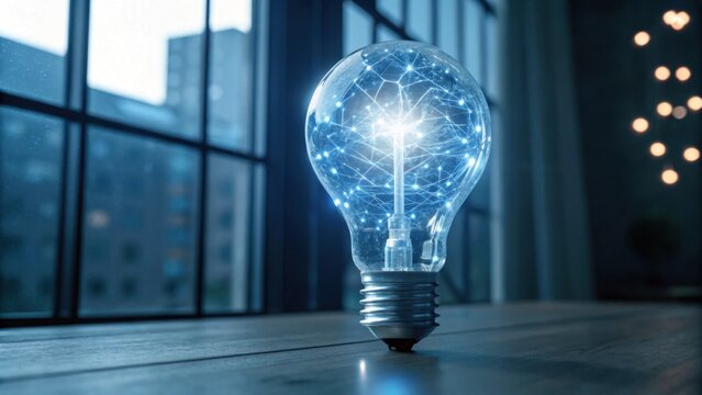 A glowing light bulb with a network of blue lines inside, symbolizing innovation and technology, sits on a wooden table near a window.