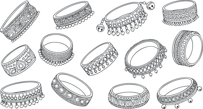 A collection of various traditional bangles and bracelets in detailed outline vector style, perfect for fashion design and jewelry branding