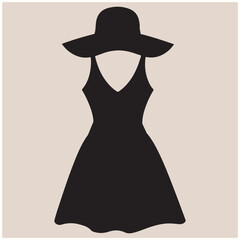 Elegant Women Fashion Silhouette in Dress and Sun Hat Vector, Fashion