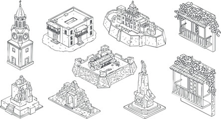 A collection of architectural landmarks and historical buildings in outline vector style, suitable for design projects and educational materials