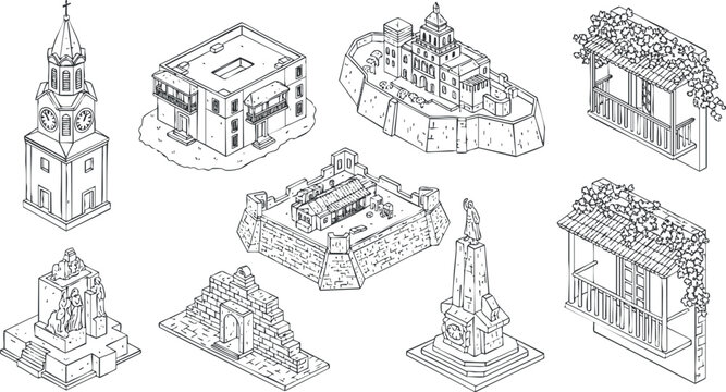 A collection of architectural landmarks and historical buildings in outline vector style, suitable for design projects and educational materials
