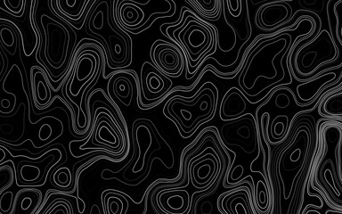 White topographic line isolated on black background.