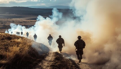 Soldiers advancing through a smoke-filled field, possibly during a training exercise or combat situation.
