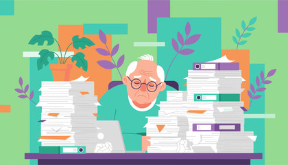 Elderly man stressed by extreme bureaucracy and paperwork overload at his desk