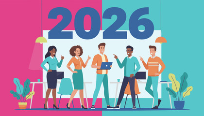 Diverse business team planning future success for the year 2026 in a modern office setting