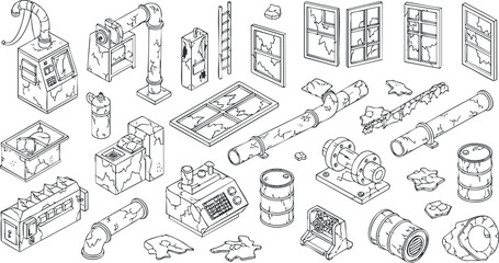 A collection of industrial machines, broken windows, and pipes in outline vector style, ideal for technical design and engineering projects
