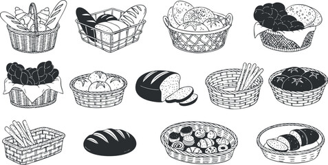 A collection of various bread and pastry items in black and white vector style, ideal for bakery branding and food illustrations