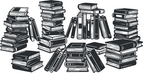 A collection of stacked books in black and white minimalist vector style, ideal for educational and literary projects