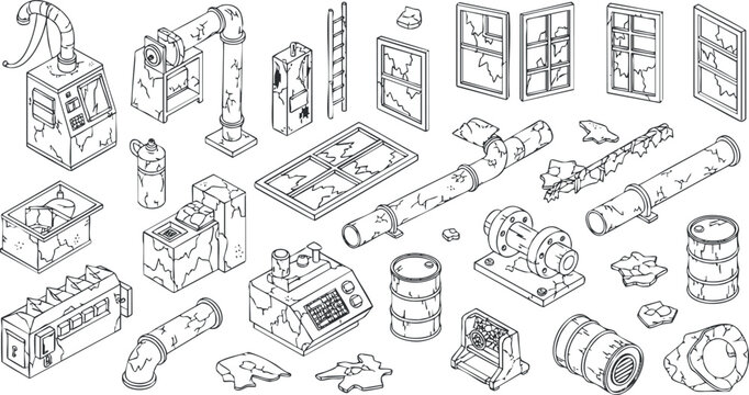 A collection of industrial machines, broken windows, and pipes in outline vector style, ideal for technical design and engineering projects