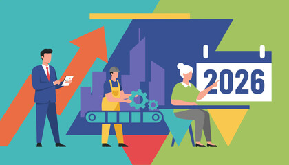 Future business success plan 2026 showing diverse professionals industry and economic growth
