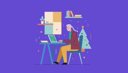 Elderly man working on laptop in festive office setting near a Christmas tree Remote holiday work