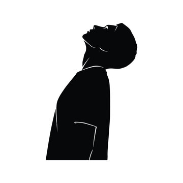 Silhouette of a person looking upwards with their head tilted back against a stark white background