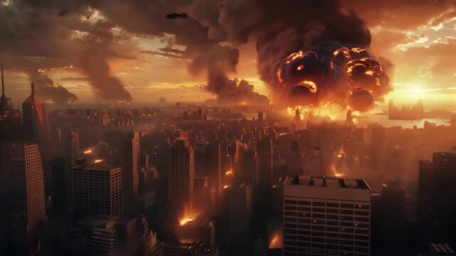 A city engulfed in fire and smoke illustrates the catastrophic consequences of the climate crisis, suitable for dramatic background music in social campaigns or documentary projects.
