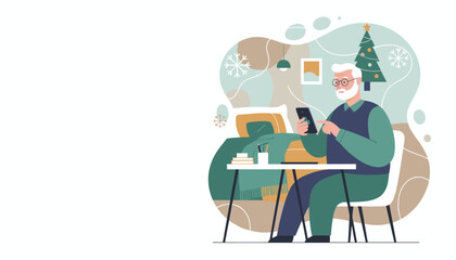 Elderly man uses smartphone at home desk during winter holidays Technology and seniors