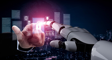 A robot hand reaches out to interact with a human finger, symbolizing the convergence of automation and human touch in the realm of digital security and technology. Gantry