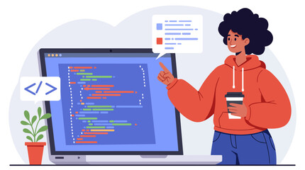 Female Developer Coding on Laptop Digital Design and Software Development Concept