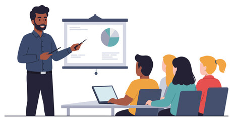 Business Presentation with Diverse Team Instructor Explaining Pie Chart