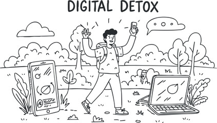 A person enjoying a digital detox in nature, illustrated in black and white minimalist vector style, suitable for health and wellness themes