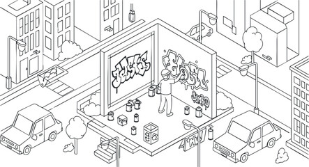 A street artist creating graffiti on a wall in an isometric urban setting, featuring minimalist vector style, perfect for creative projects and urban culture themes