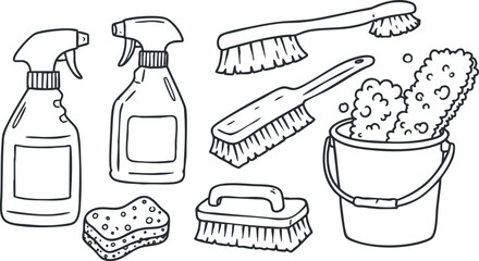A collection of cleaning supplies including spray bottles, brushes, a sponge, and a bucket in outline vector style, perfect for cleaning service branding