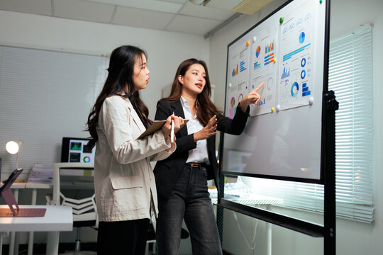 Businesswomen analyzing data charts on office whiteboard - Powered by Adobe