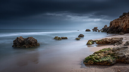 A tranquil seaside view of the ocean, sand and stones under a dark cloudy sky