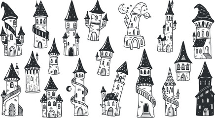 Fototapeta premium A collection of whimsical castles and towers in black and white doodle vector style, perfect for fantasy illustrations and children's books