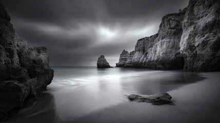 A dramatic coastal scene in black and white, featuring rock formations and a tranquil beach with long exposure