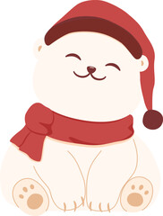 Illustration of a Cute Polar Bear Wearing Christmas Hat and Scarf