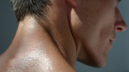 Naklejka premium Macro texture of back of neck with sunlight highlighting smooth skin close up detail healthy male natural light subtle shadow relaxed mood soft focus youthful appearance