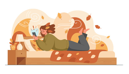 Angry woman checks phone in bed during autumn dealing with digital news or notification stress