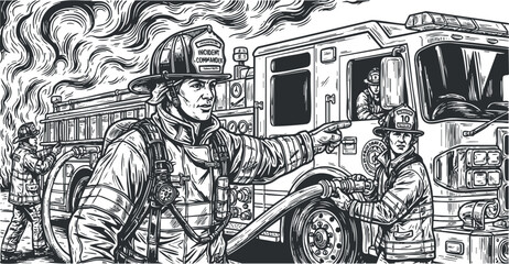 A detailed illustration of firefighters responding to an emergency with a fire truck in black and white vector style, suitable for public safety campaigns