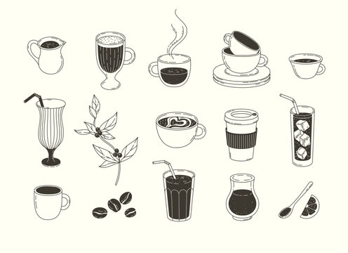 Set of sketches of various coffee drinks in cups and glasses