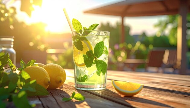 Refreshing Lemonade On A Wooden Table With Lemons And Mint Leaves In The Warm Sunlight Of A Summer Afternoon Outdoors - Powered by Adobe