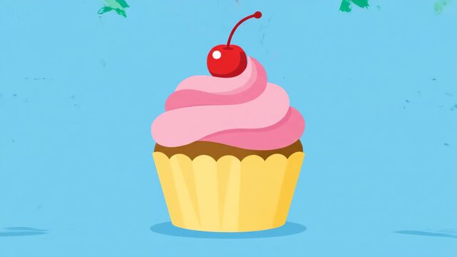 Delicious Cupcake with Cherry Topping on a Blue Background.