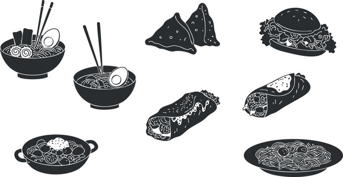 A collection of various food items including noodles, dumplings, sushi, hamburger, and pasta in black and white vector style, ideal for culinary design projects
