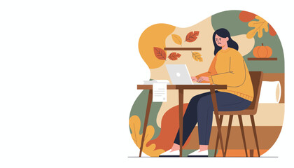 Angry woman working remotely on a laptop in an autumn setting Seasonal work stress illustration