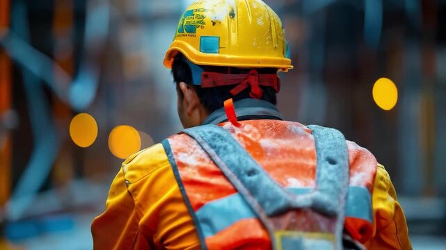 A builder in bright uniform with protective gear relaxes on a site surrounded by machinery, emphasising the importance of workplace safety — a suitable backdrop for articles on industrial safety or pu