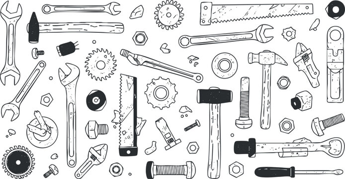 A collection of various hand tools and hardware elements in black and white outline vector style, ideal for construction and repair projects