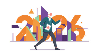 Confident executive strides toward future 2026 goals Business vector illustration