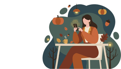 Cozy autumn flat illustration Woman using phone with pumpkins and coffee