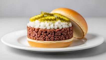 Gourmet Burger Delight: An artfully crafted burger creation, featuring layers of meticulously arranged ingredients atop a freshly baked bun, presented on a pristine plate.