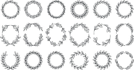 A collection of decorative botanical wreaths with leaves and branches in elegant black outline vector style, suitable for invitations and branding
