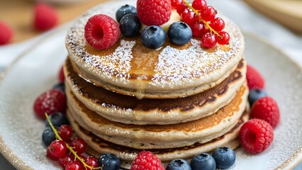 Sweet Stack of Pancakes with Fresh Berries: A delightful stack of fluffy pancakes, drizzled with sweet syrup and adorned with a vibrant assortment of fresh berries, offers a tempting treat. 