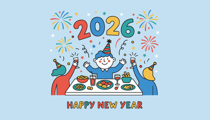 Happy New Year 2026 celebration illustration with friends toasting fireworks and confetti