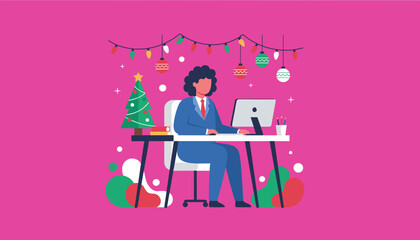 Businessperson working at a festive decorated office desk on a computer during Christmas holidays